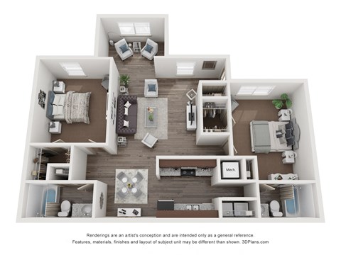 Floor plan for 2 beds, 2 baths, 1100 sqft